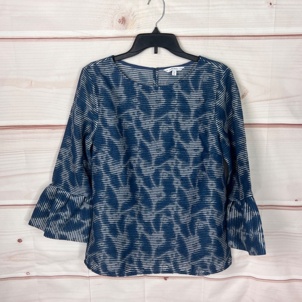 & Other Stories Top Women US 8 Blue Flare Sleeve Blouse Boat Neck Textured Woven